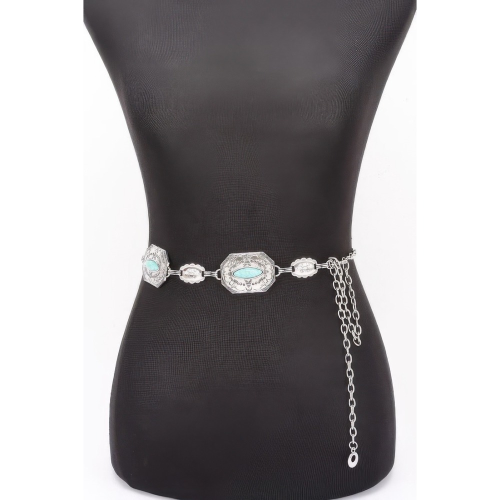 Concho Chain Belt Womens OS Silver Turquoise Excellent Western Boho